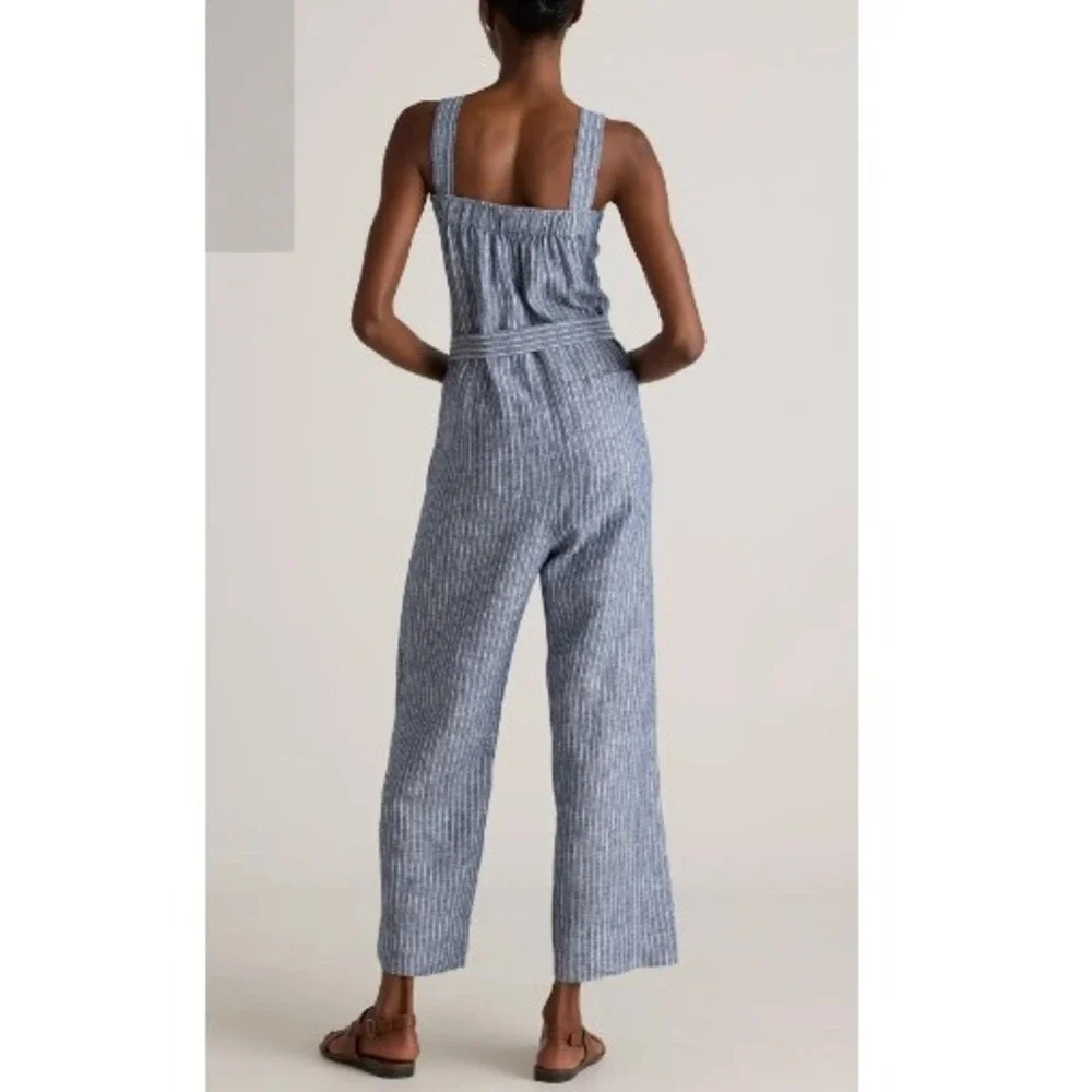 Quince Women's Chambray Stripe European Linen Square Neck Jumpsuit Size M NWT